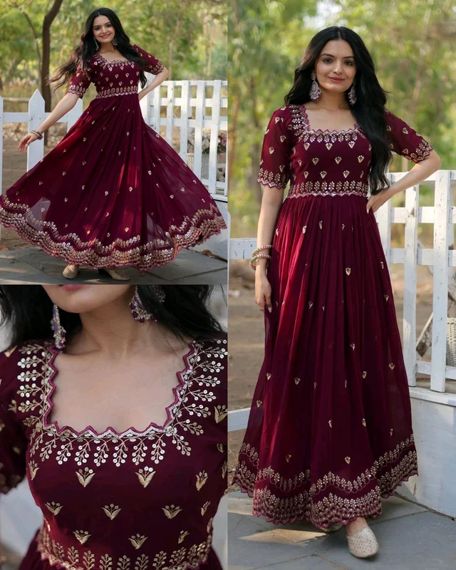 Designer Gown is luxury clothing Considered to be high quality Made by Zari-Thread & Sequins Embroidery - Wine, L