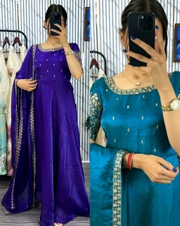 Super Trendy Soft, Breathable Gown With Duppata dress with stunning Embroidery Work , delicate design - Purple, M