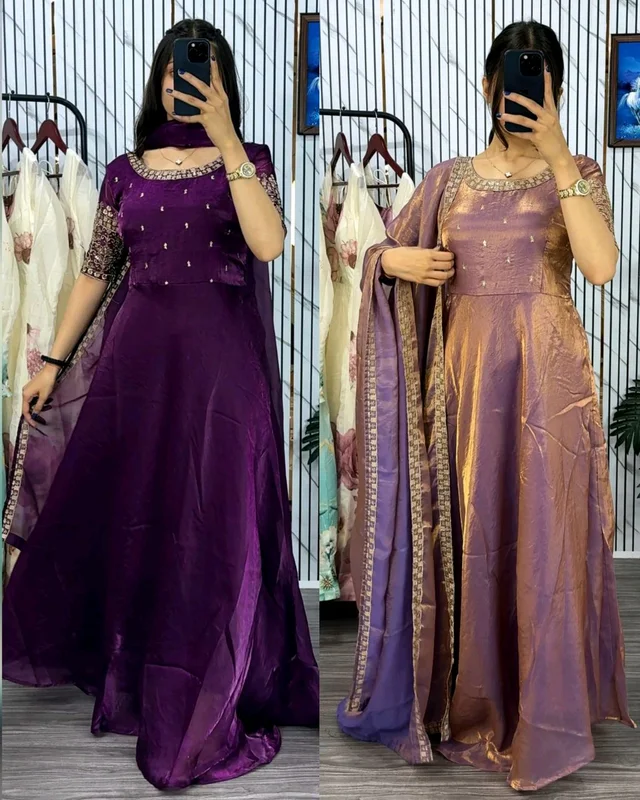 Super Trendy Soft, Breathable Gown With Duppata dress with stunning Embroidery Work , delicate design - Purple, 2XL