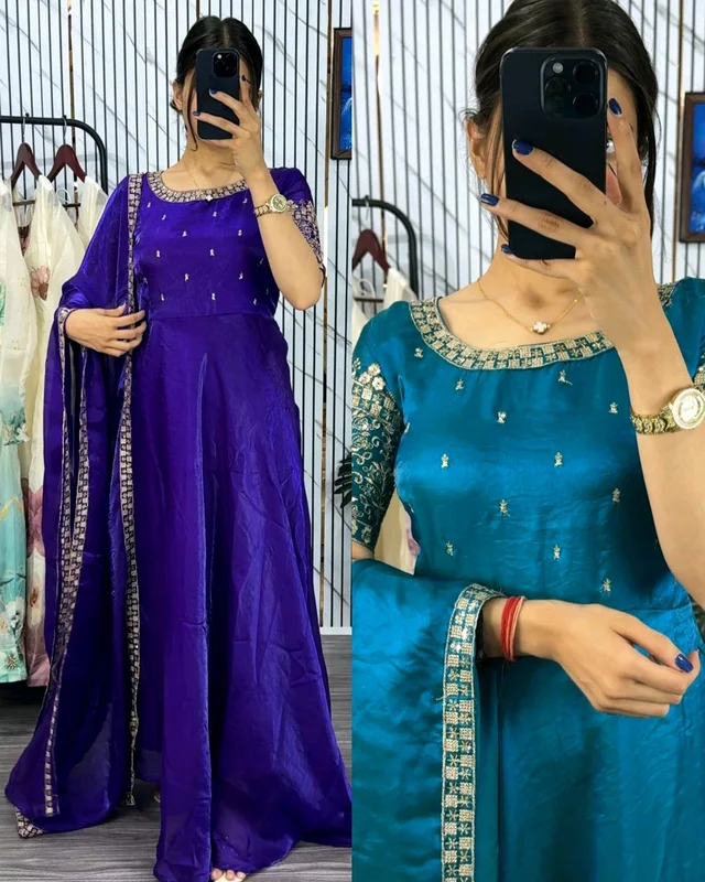 Super Trendy Soft, Breathable Gown With Duppata dress with stunning Embroidery Work , delicate design - Purple With Blue shade, L