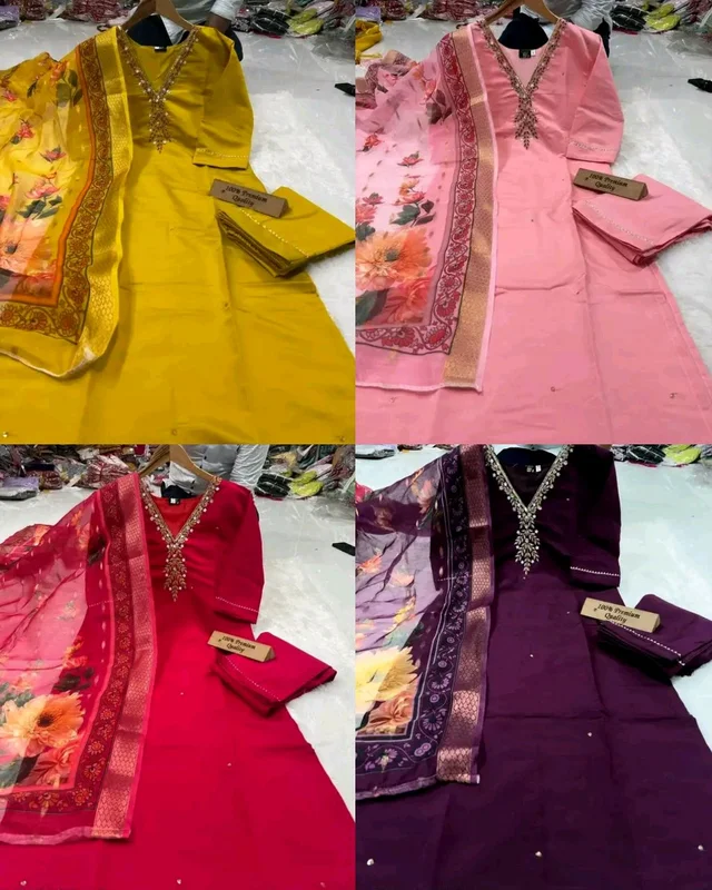 100 % handwork silk kurta sets with dupatta - Yellow, L