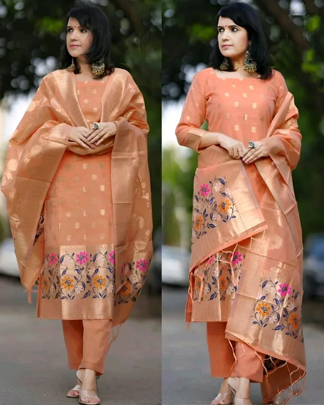 Grace your ethnic collection with this elegant peach Jacquard suit set - S