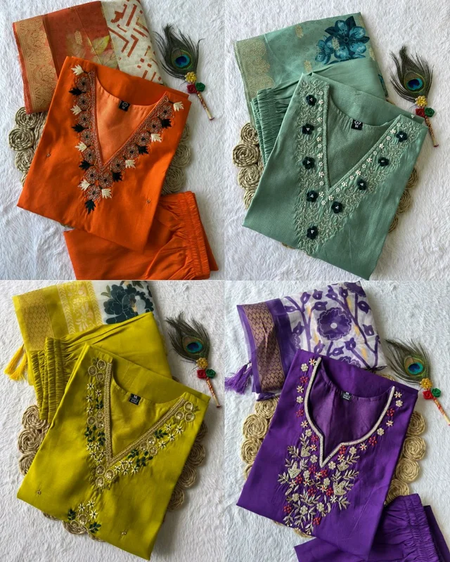 Trendy Handwork Launching New Designers Kurti Pant Dupatta Set - Orange, L