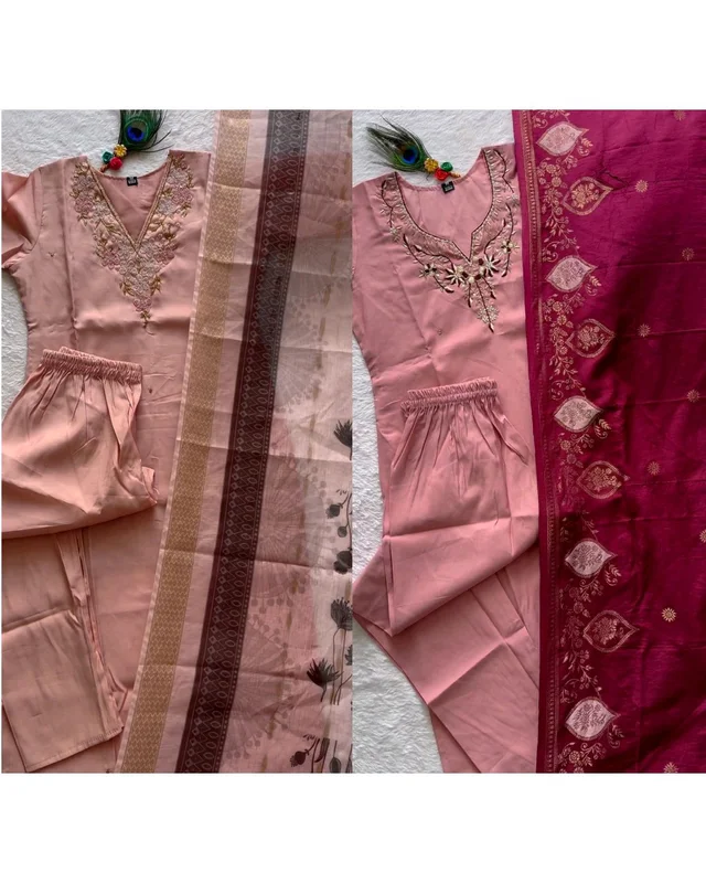 Trendy Handwork Launching New Designers Kurti Pant Dupatta Set - 1st Peach, XL
