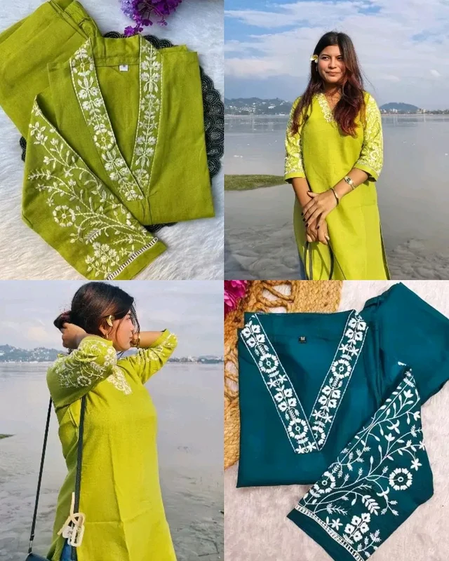 TRENDY V NECK EMBRODERY KURTA With BOTTOM - Orient, 3XL