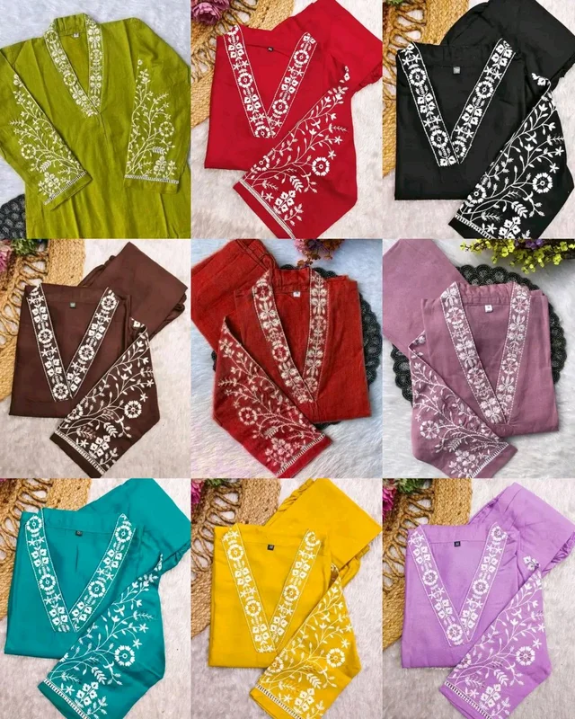 TRENDY V NECK EMBRODERY KURTA With BOTTOM - Red 2nd, S