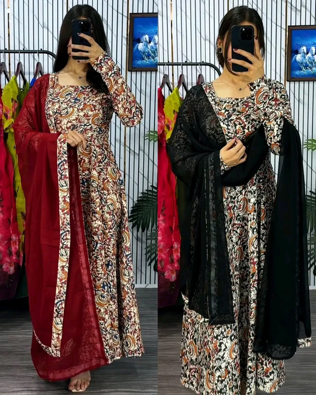 Traditional Kalamkari Graceful Anarkali crafted with modern elegance - Maroon, S