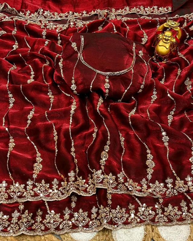 Launch Grand party wear saree in original gold beeds work - Maroon, Free Size