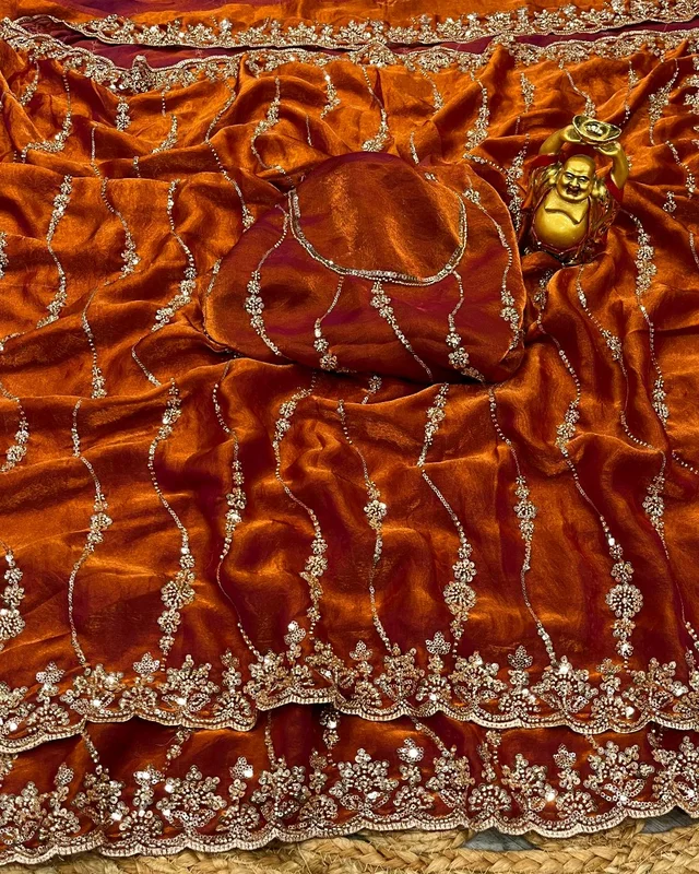Launch Grand party wear saree in original gold beeds work - Totem Pole, Free Size