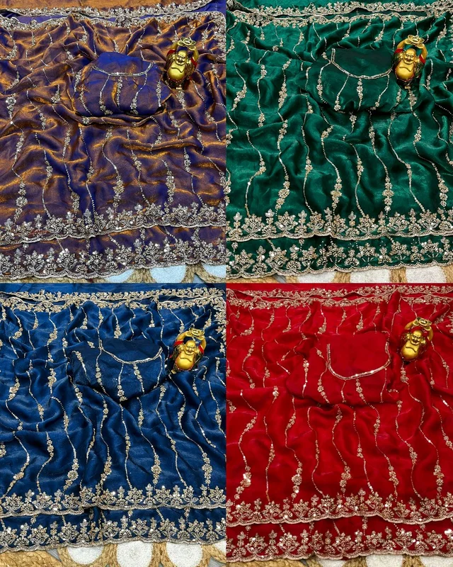 Launch Grand party wear saree in original gold beeds work - Blue, Free Size