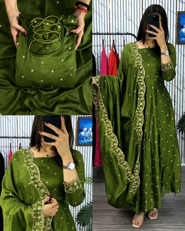 Introducing our Striking Vichitra Anarkali Adorned with Exquisite Embroidery. Paired with a delicate Border dupatta, this ensemble exudes elegance and sophistication, perfect for any special occasion - Green, 2XL