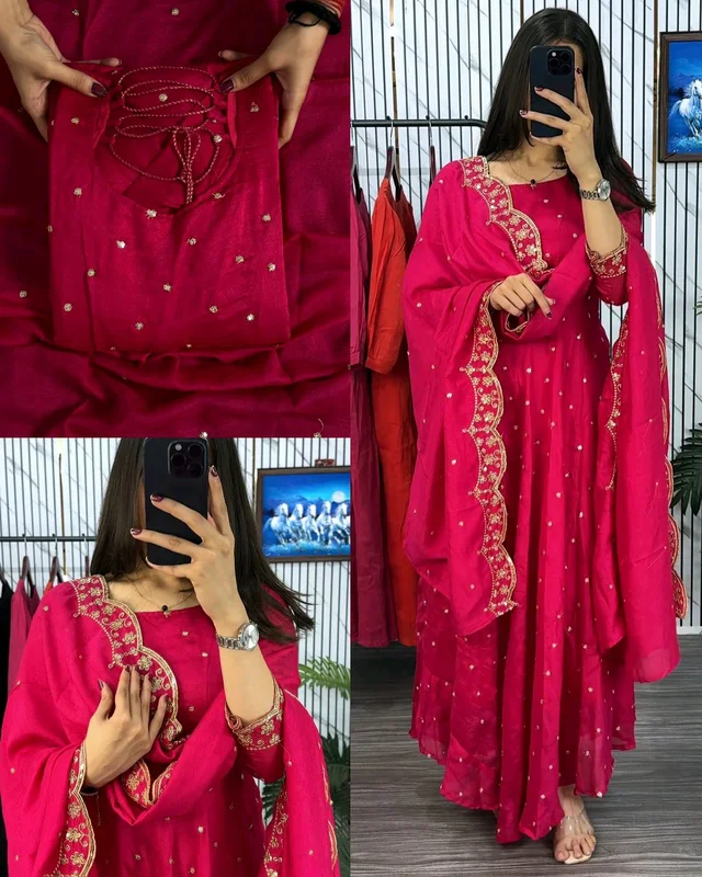 Introducing our Striking Vichitra Anarkali Adorned with Exquisite Embroidery. Paired with a delicate Border dupatta, this ensemble exudes elegance and sophistication, perfect for any special occasion - Mandy, XL