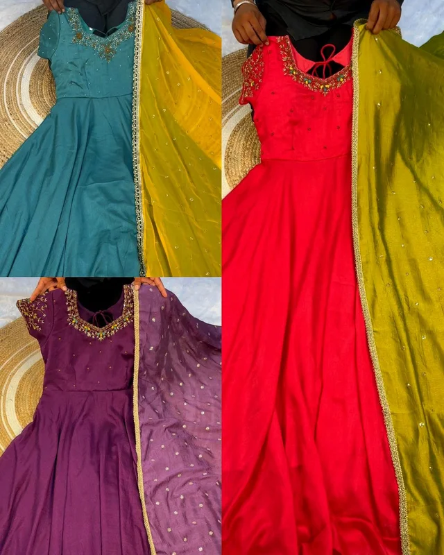 Vichitra Silk Fabric with Maggam Work, huge 8 mtrs flair, stunning design, perfect for special occasions like Elegant look, rich texture, and beautiful Maggam embroidery details make it extraordinary - Purple, L