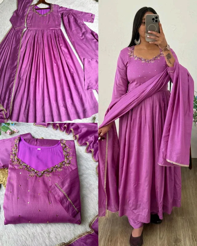 Presenting By New Party Wear LooK Pure Mul cotton Chanderi Silk Gown Pant With Dupatta Set of 3 pic - L