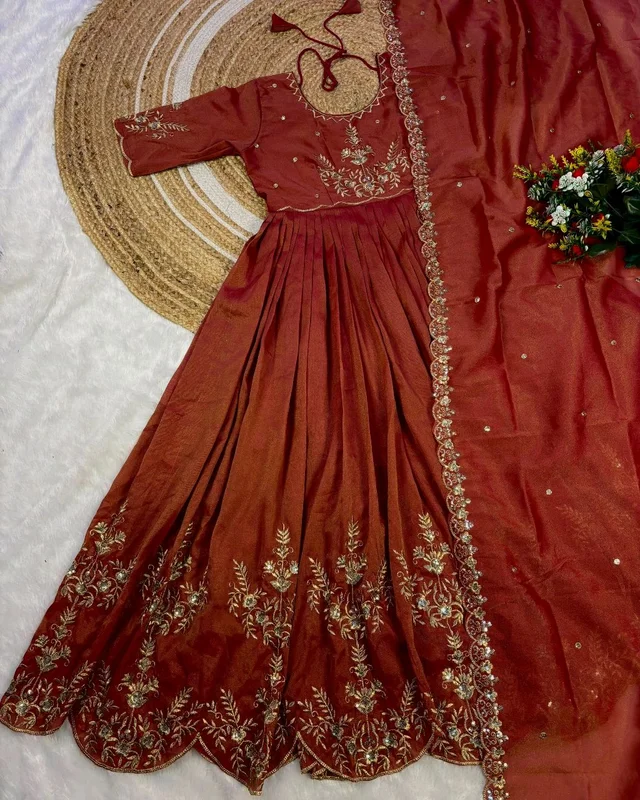 Tradational Elegant full-length maxi gown featuring, beautifully Original south tissue fabric with embroidery and sequence work With dupatta - Kenyan Copper, XL