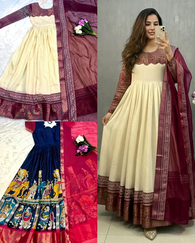 Trendy Tradational Beautiful Gown with dupatta - Cream, M