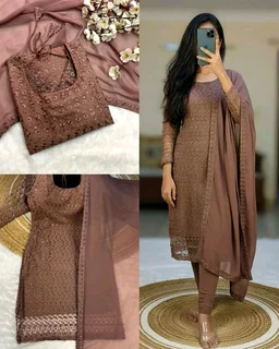 New Launching premium net fabric with beautiful chikankari work and matching soft georgette dupatta with 4 side lace broder - Wine, S