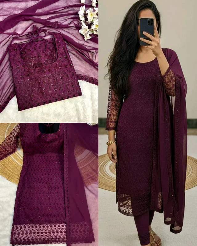 New Launching premium net fabric with beautiful chikankari work and matching soft georgette dupatta with 4 side lace broder - Wine, XL