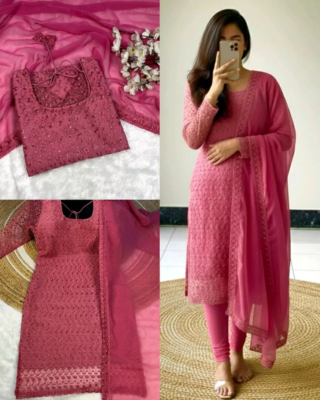New Launching premium net fabric with beautiful chikankari work and matching soft georgette dupatta with 4 side lace broder - Pink, 3XL