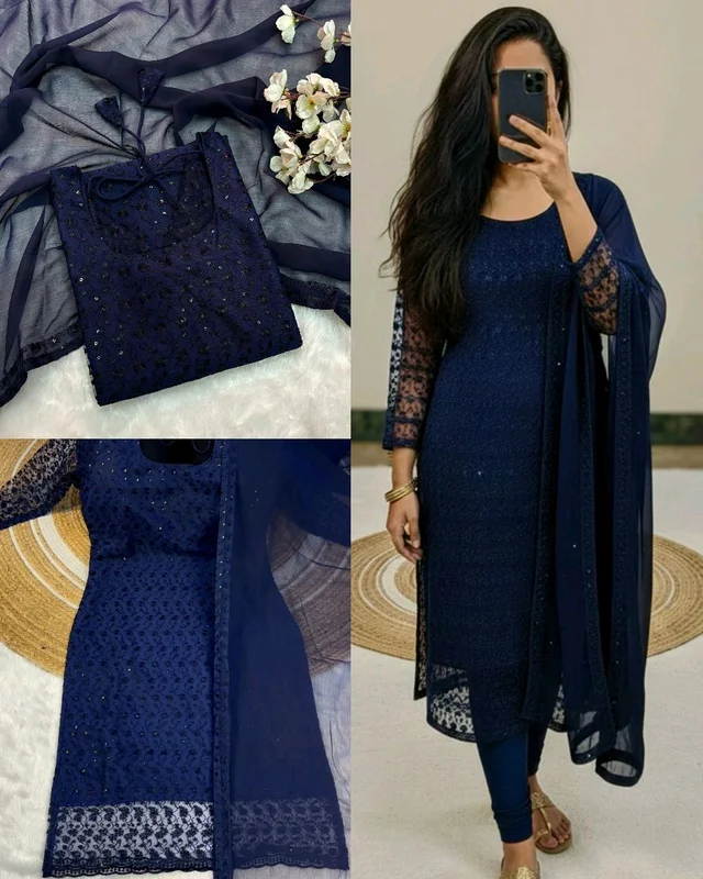 New Launching premium net fabric with beautiful chikankari work and matching soft georgette dupatta with 4 side lace broder - Navy Blue, S