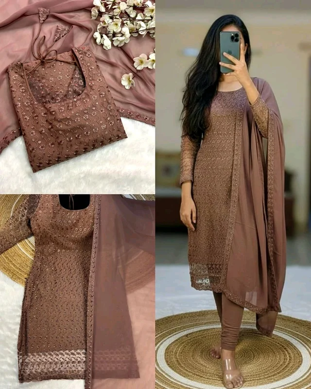 New Launching premium net fabric with beautiful chikankari work and matching soft georgette dupatta with 4 side lace broder - Chaco, XL