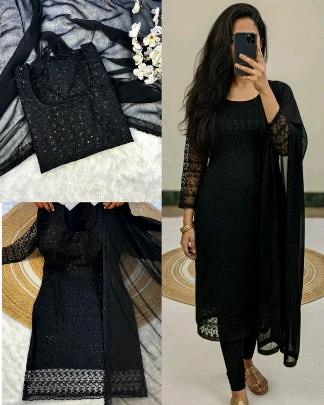 New Launching premium net fabric with beautiful chikankari work and matching soft georgette dupatta with 4 side lace broder - Black, S