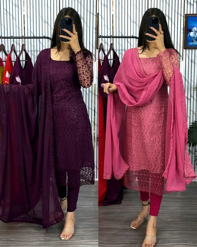 New Launching premium net fabric with beautiful chikankari work - Wine, M