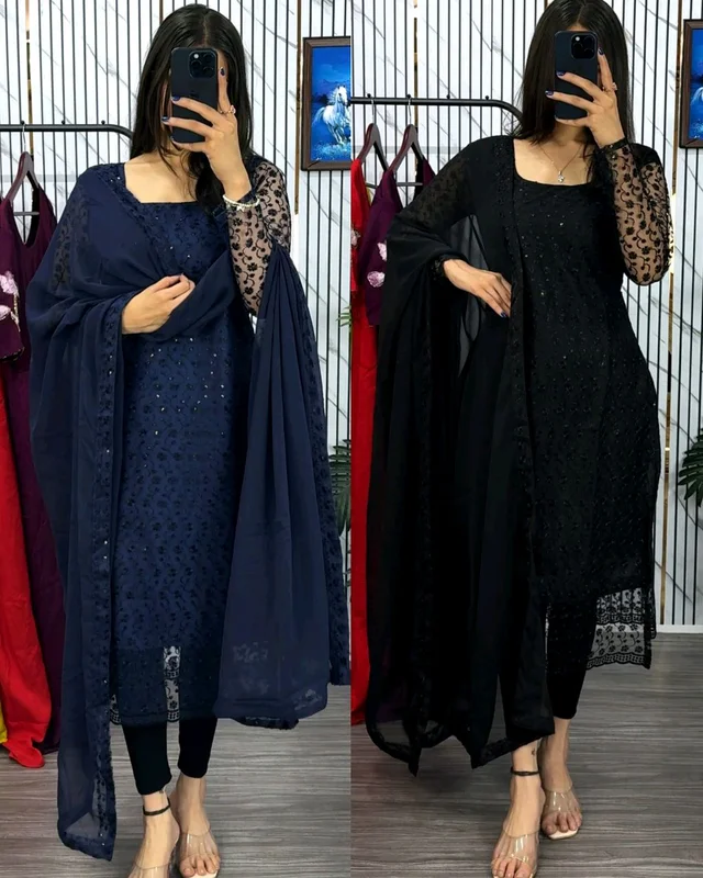 New Launching premium net fabric with beautiful chikankari work - Black, 3XL