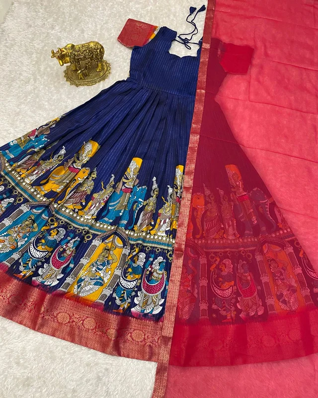 Super trendy reko zari dola silk long gown with georgette dupatta - Blue, M