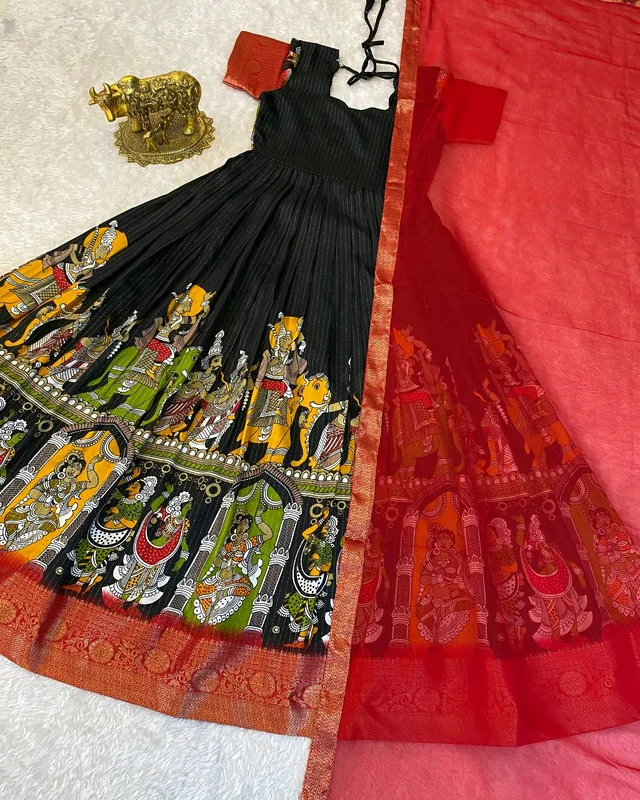 Super trendy reko zari dola silk long gown with georgette dupatta - Black, L