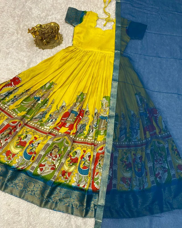 Super trendy reko zari dola silk long gown with georgette dupatta - Yellow, S
