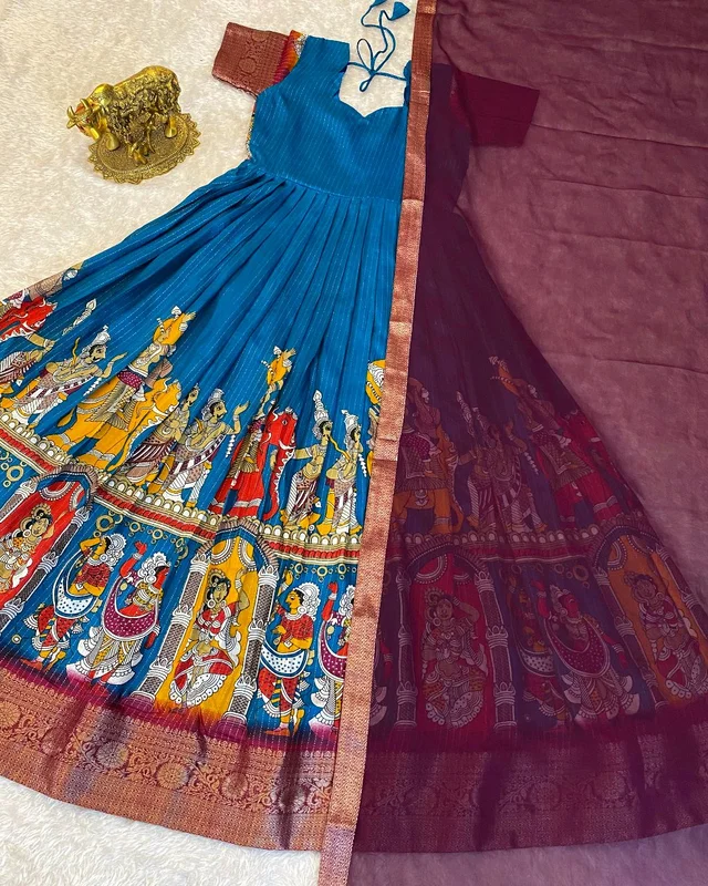 Super trendy reko zari dola silk long gown with georgette dupatta - Orient Blue, S