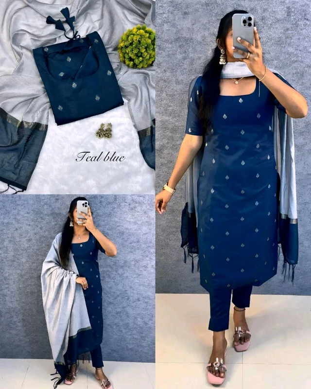 Elevate your style with this stunning pure silk cotton set ethinicwear outfit🥰 - Teal Blue, 3XL