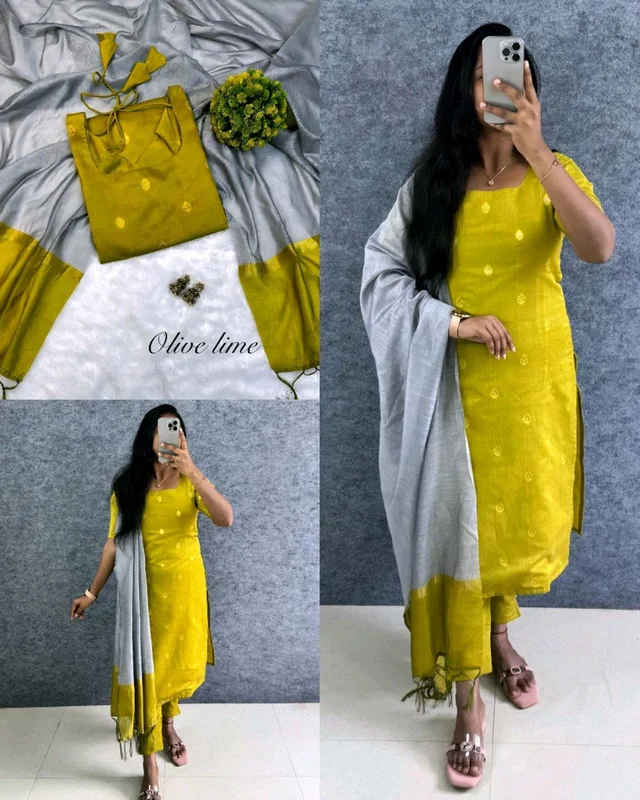Elevate your style with this stunning pure silk cotton set ethinicwear outfit🥰 - Olive Lime, M