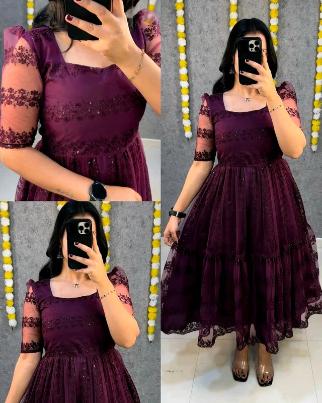 Launching beautiful flower-embroidery sequence work frocks to make your princess look even more cute and pretty
- Wine, XL