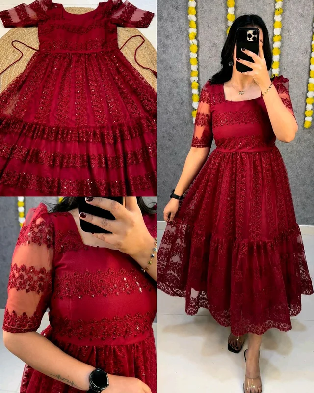 Launching beautiful flower-embroidery sequence work frocks to make your princess look even more cute and pretty
- Red, M