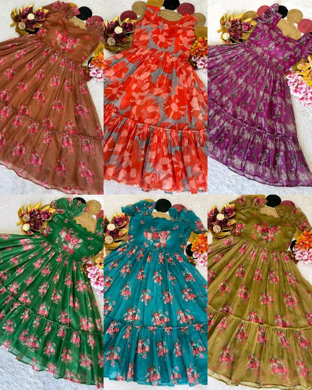 New Launching the most trending Full Stitched Pure Chanderi Floral Midi Gown adding a touch of glamour and elegance to your look For Festive Season - Eastern Blue, L