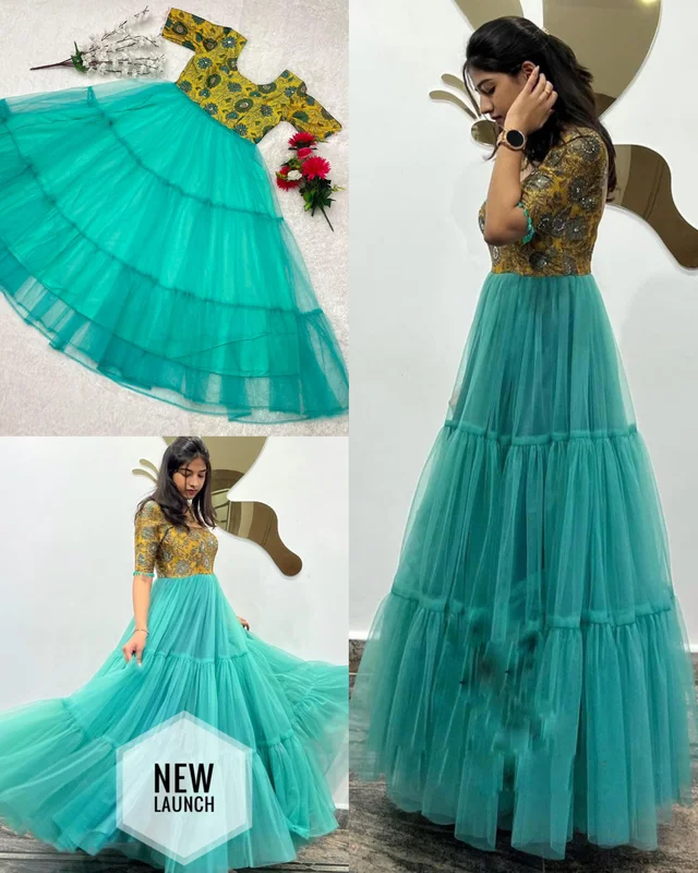 Trending Handwork 3-Layer Gown With Full Flare & Beautiful Lace Work Sleeves - L