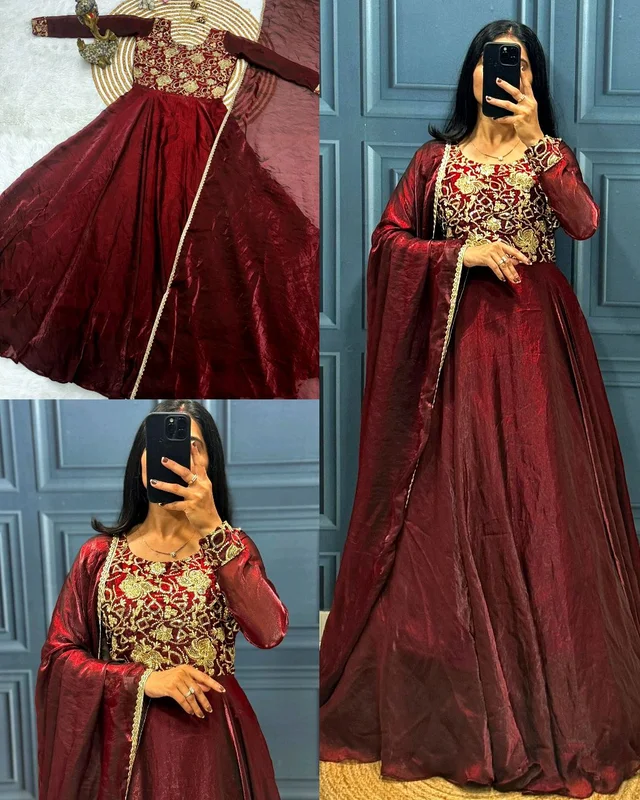 Super Introducing Upcoming Festival Fandy Silk Gown With Dupatta - Maroon, 3XL