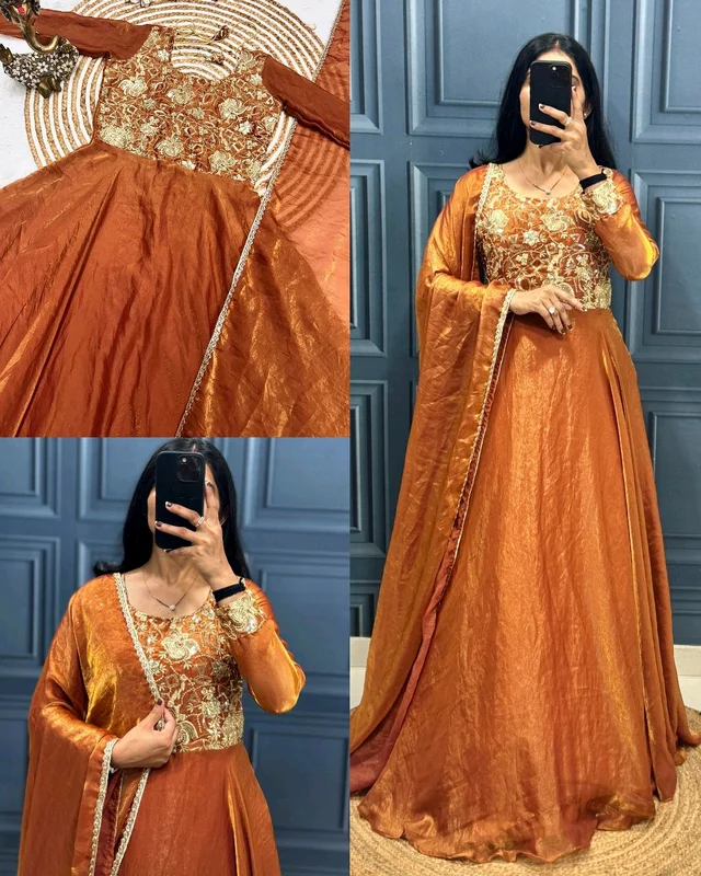 Super Introducing Upcoming Festival Fandy Silk Gown With Dupatta - Gold Drop, 3XL