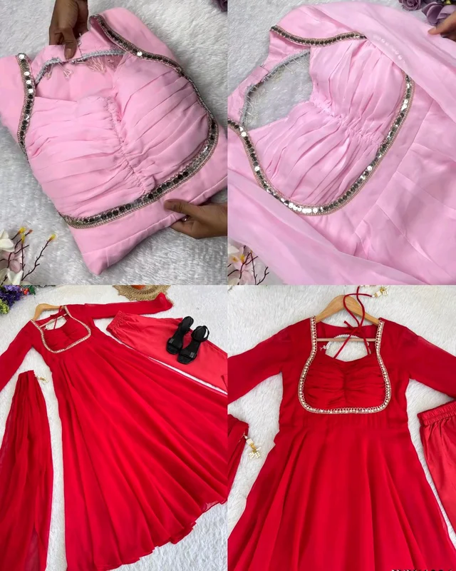 Trendy Stylish Embroidery 9mm Sequences Less Work Gown With Full-Sleeves, Pant & Dupatta Set
- Pink, L