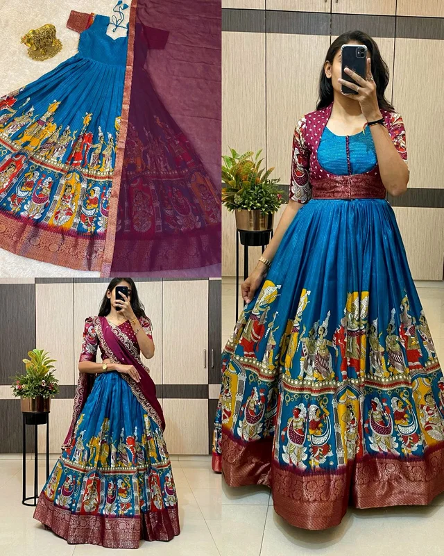 Trendy Gown with koti , Lehenga ( SEPERATE ORDER ) - Orient Blue Lehenga, M