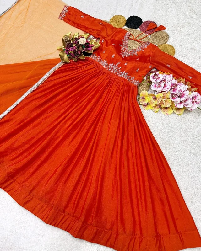 New Launching the most trending Beautiful Soft Chinnon Sequins Embroidery Gown With Dupatta - Grenadier, M