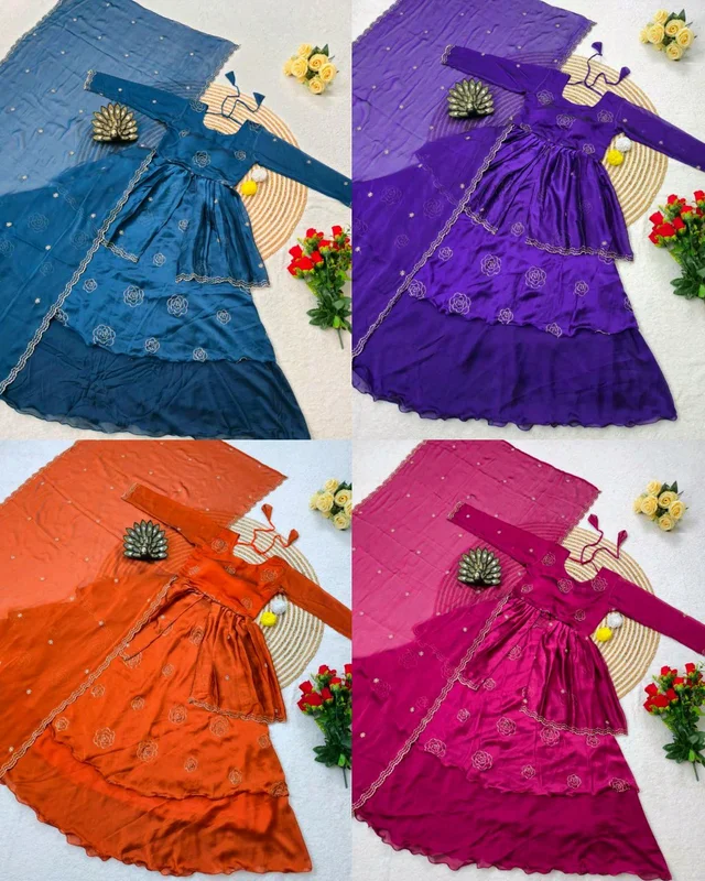 Launching Most Trending 4 in 1 Designer Lehenga Choli a perfect blend of luxury and tradition For any Occasion - Pumpkin Skin, Free Size