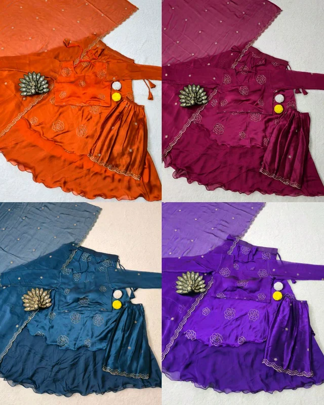 Launching Most Trending 4 in 1 Designer Lehenga Choli a perfect blend of luxury and tradition For any Occasion - Pumpkin Skin, Free Size