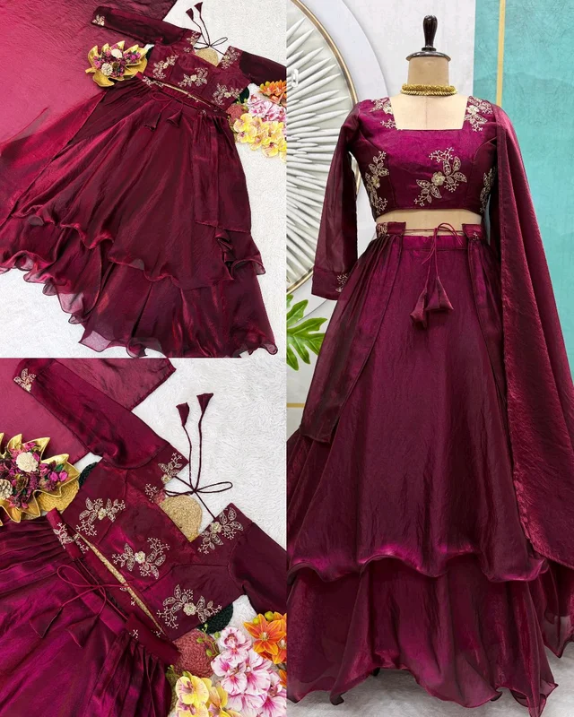 Launching Our Latest Christmas Collection Beautiful Heavy Space Silk 3 In 1 Style Lehenga choli Set Double Frill – Where Elegance Meets Comfort! - Pompadour, Free Size
