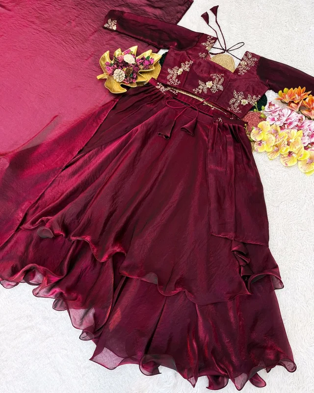 Launching Our Latest Christmas Collection Beautiful Heavy Space Silk 3 In 1 Style Lehenga choli Set Double Frill – Where Elegance Meets Comfort! - Pompadour, Free Size