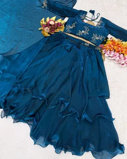 Launching Our Latest Christmas Collection Beautiful Heavy Space Silk 3 In 1 Style Lehenga choli Set Double Frill – Where Elegance Meets Comfort! - Pompadour, Free Size