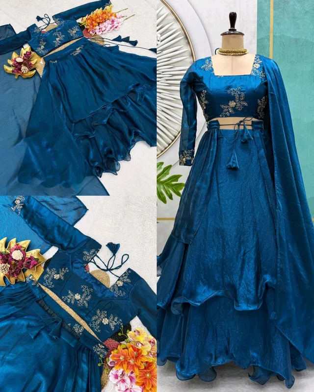 Launching Our Latest Christmas Collection Beautiful Heavy Space Silk 3 In 1 Style Lehenga choli Set Double Frill – Where Elegance Meets Comfort! - Blue, Free Size