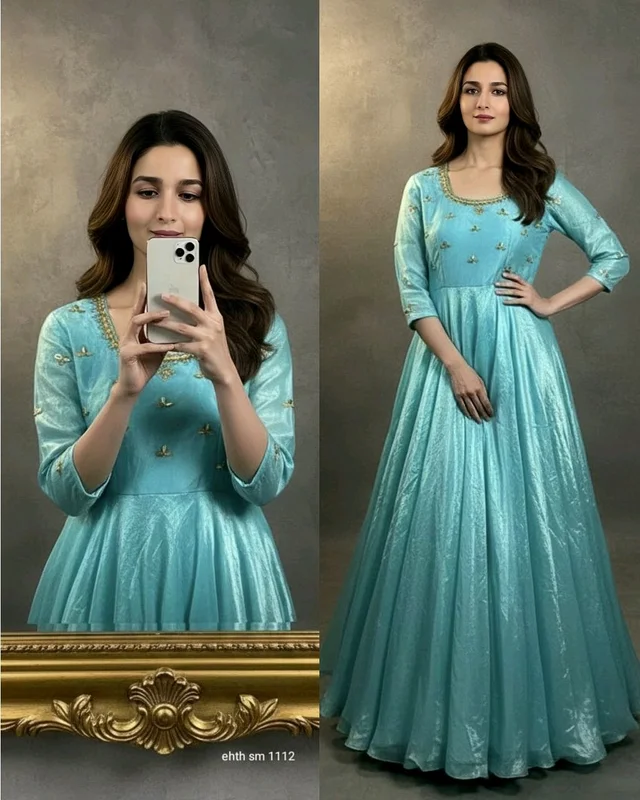 Launching South super hit Handwork Gown - Sky Blue, S